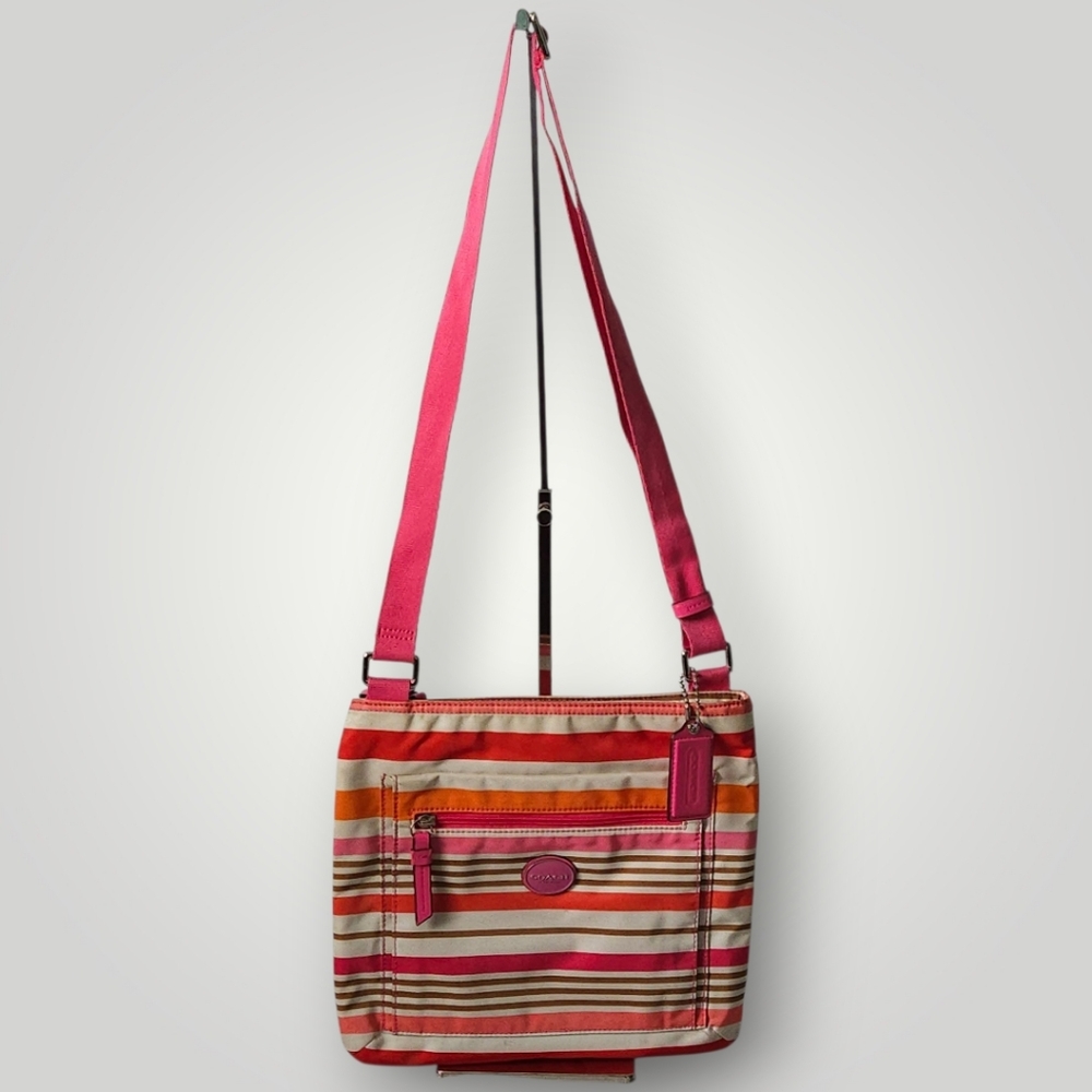Coach F31962‎ Stripe Nylon Crossbody Purse Pink Leather Trim Lightweight Travel - Picture 4 of 10